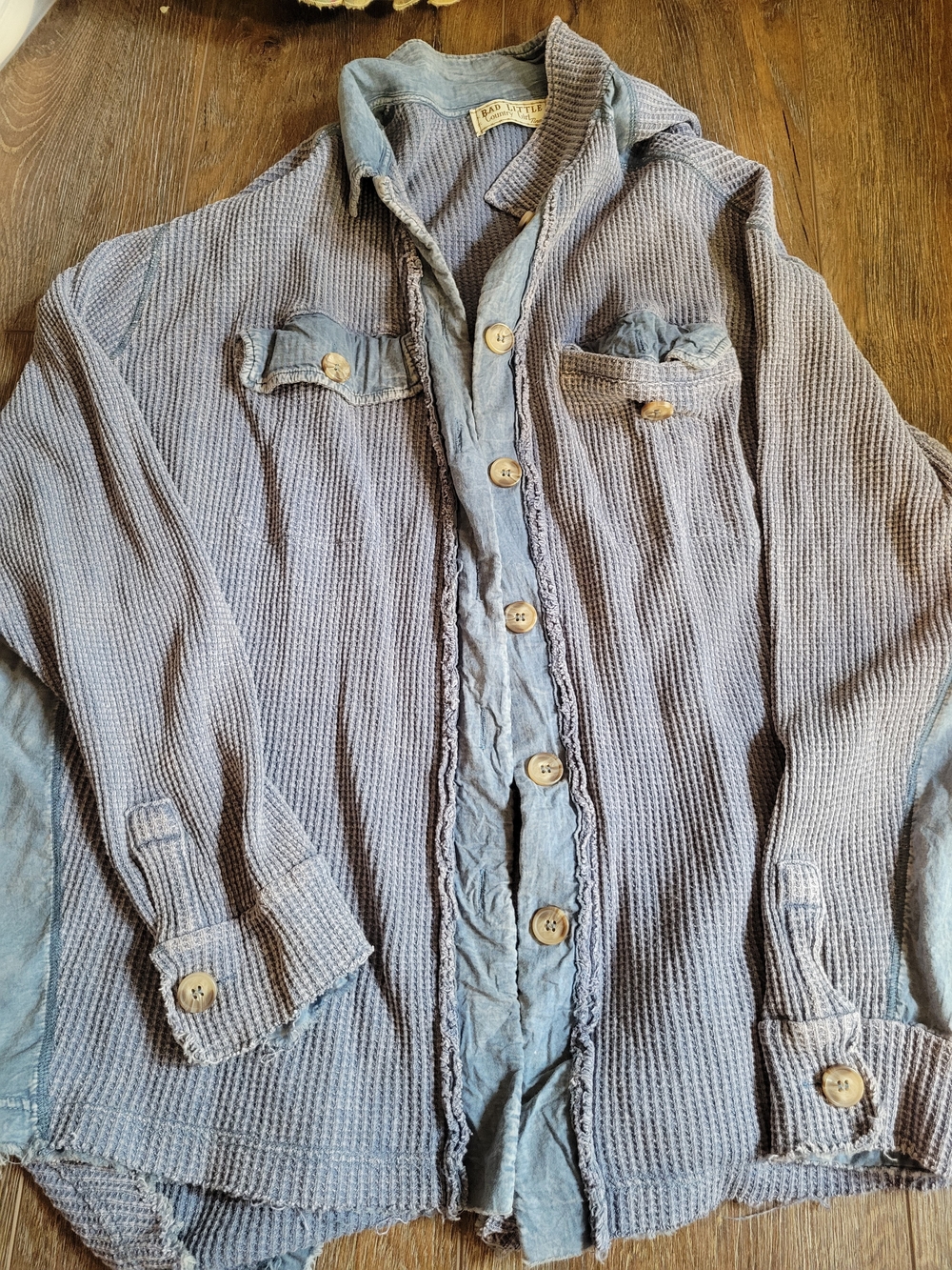Waffle Knit Button-Down Jacket in Faded Blue